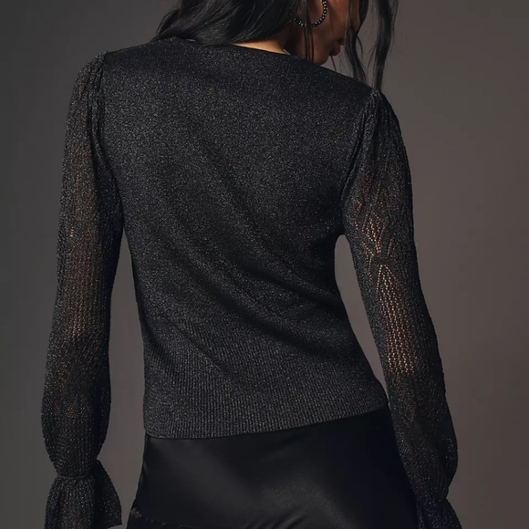 Anthropologie Complete The Look Woven-Sleeve Twofer Black Sparkly V Neck… - Picture 2 of 8